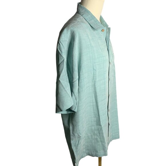 Batik Bay Button Up Camp Shirt L Green Checkered Short Sleeve Pocket Rayon - Picture 5 of 6